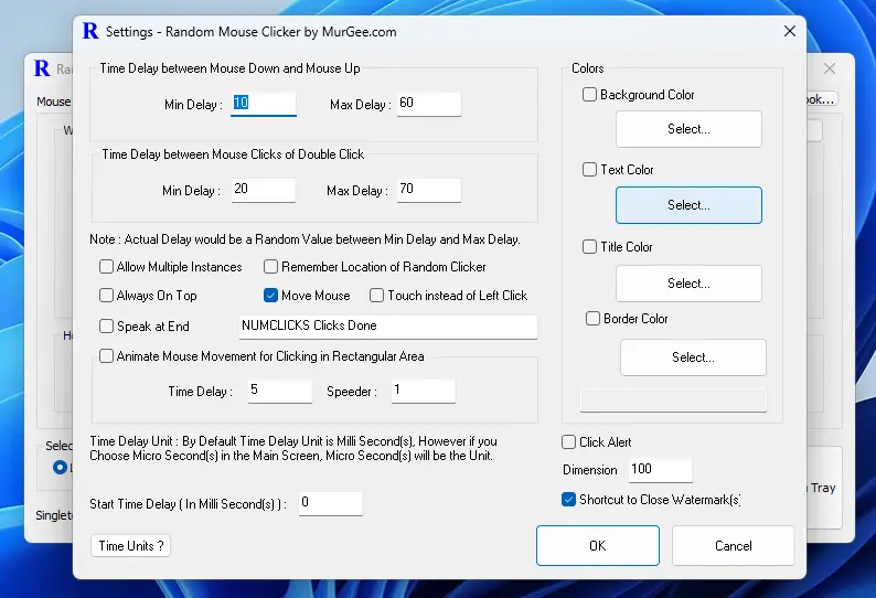 Screenshot of Random Mouse Clicker by MurGee.com captured on a Windows 11 Computer